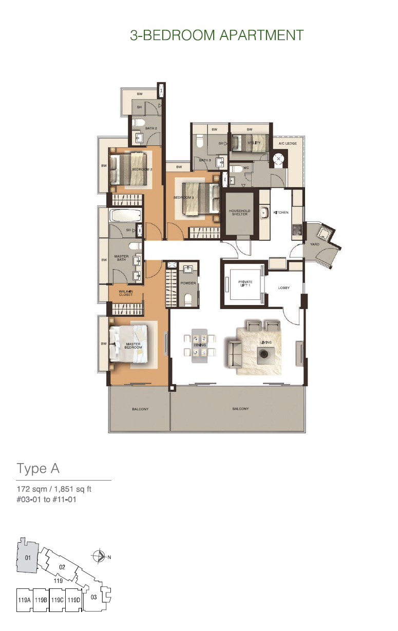Residences @ Emerald Hill 3 Bedroom Floor Plan 1